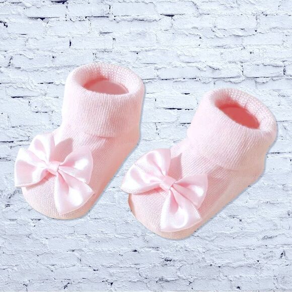 Adorable Pink Baby Booties & Headband Set with Bows and Skid Proof Bottoms. NEW - Picture 2 of 5